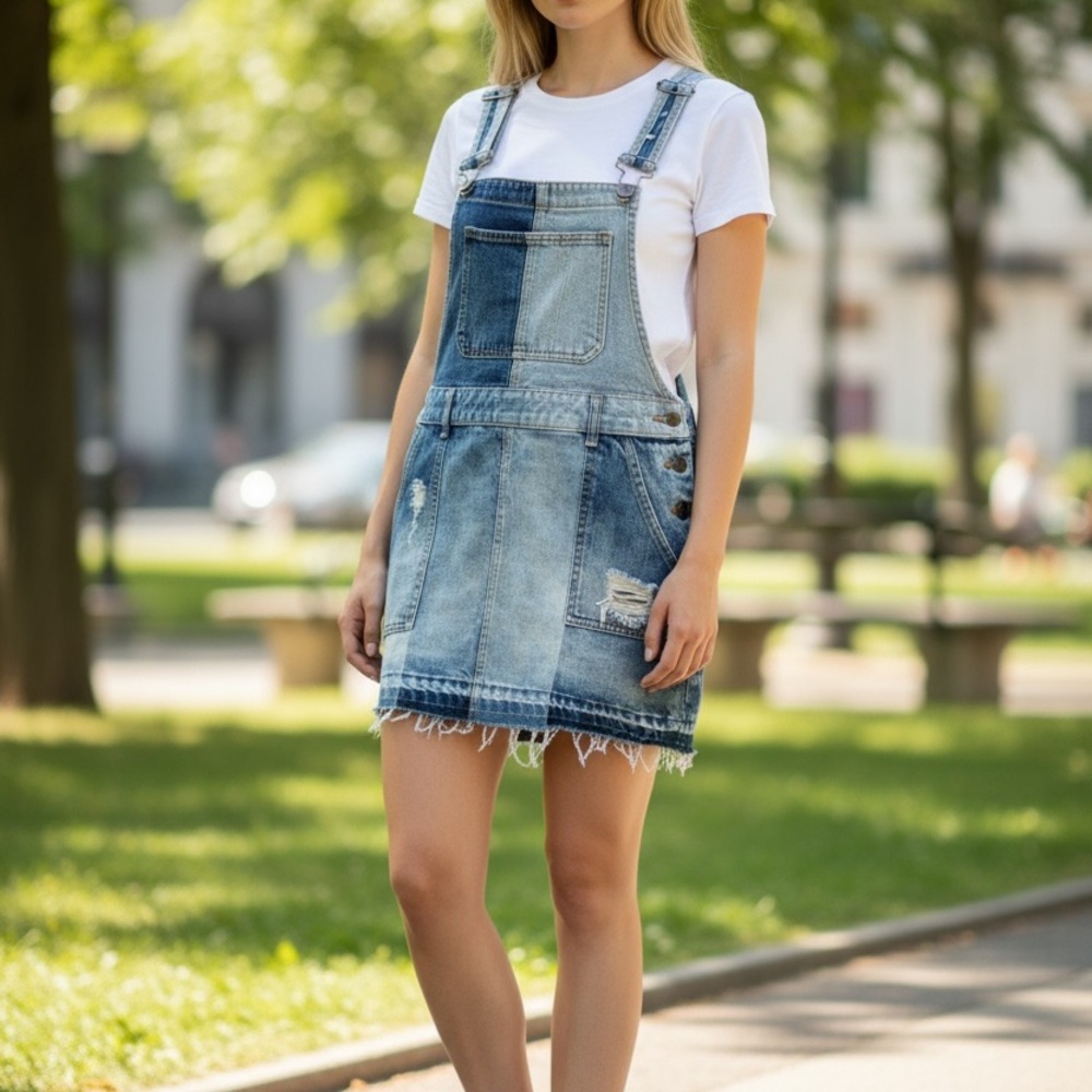 Free People Distressed Blue Denim Overall